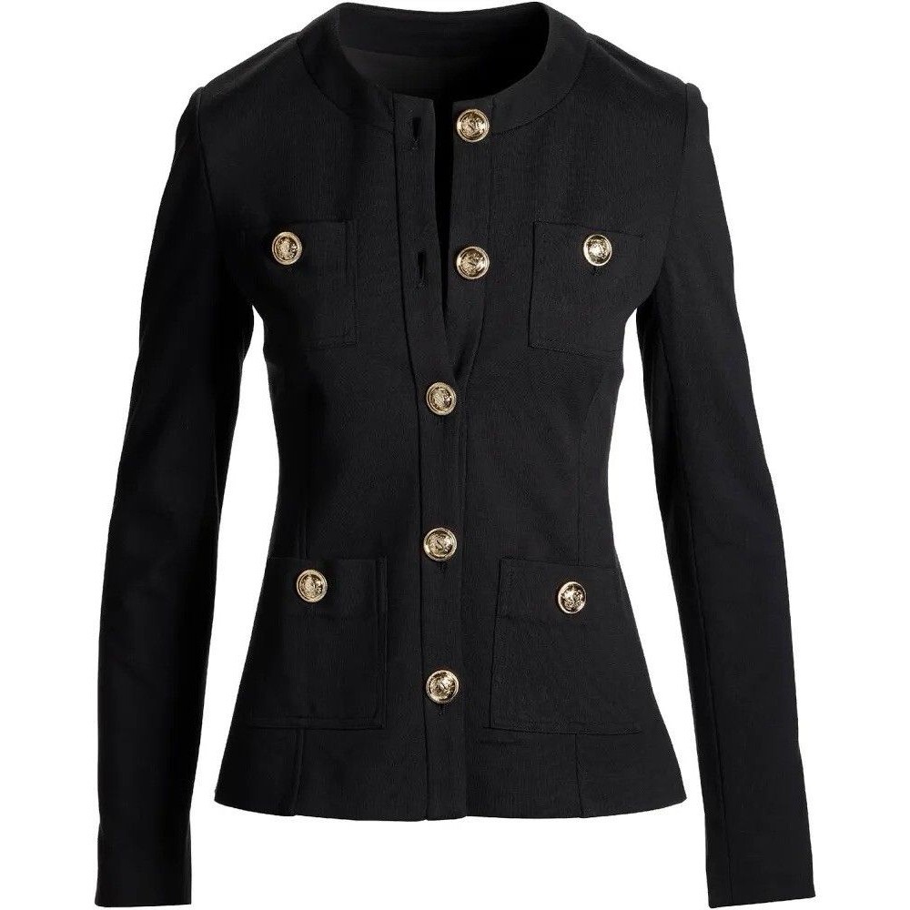 Boston Proper Ultimate Ponte Crest Button Jacket Black Sz 12 Military Style